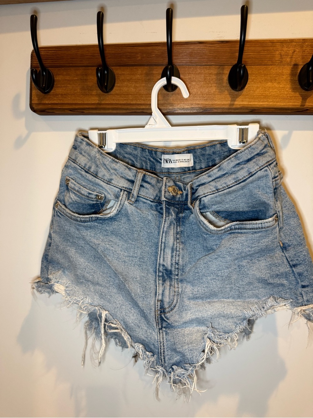 Zara Light Blue Frayed High-Rise Denim Shorts